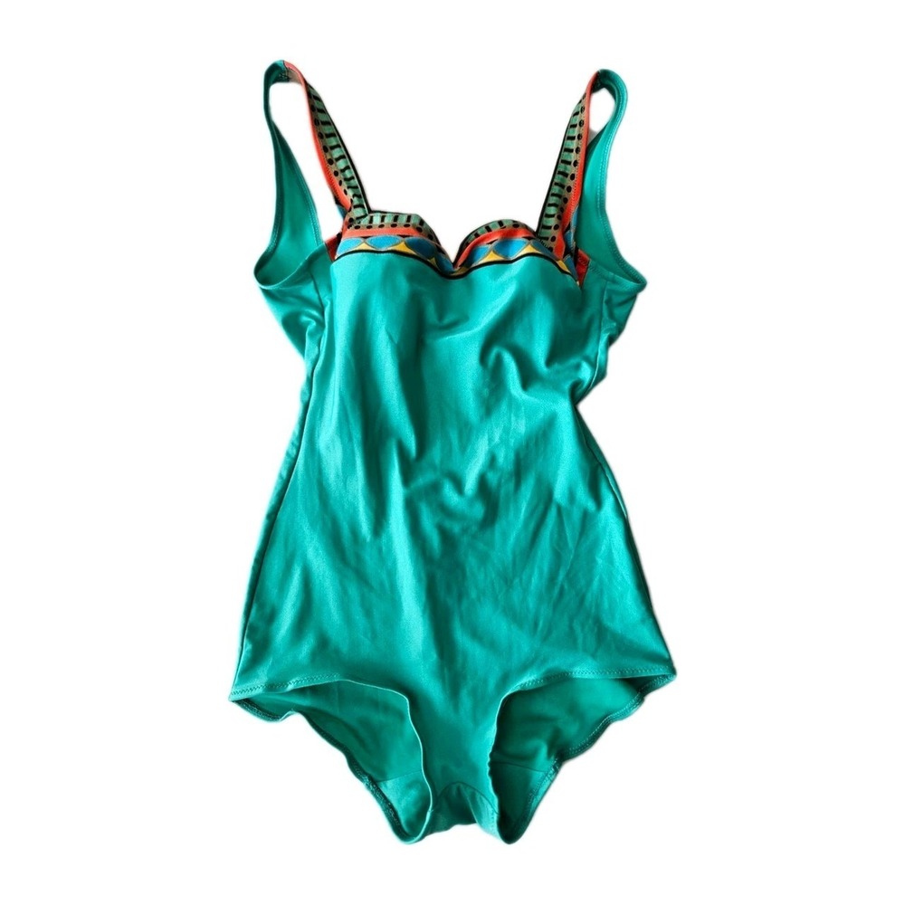 Vtg Gottex Turquoise Green Square Neck Colorful Geometric Trim Swimsuit